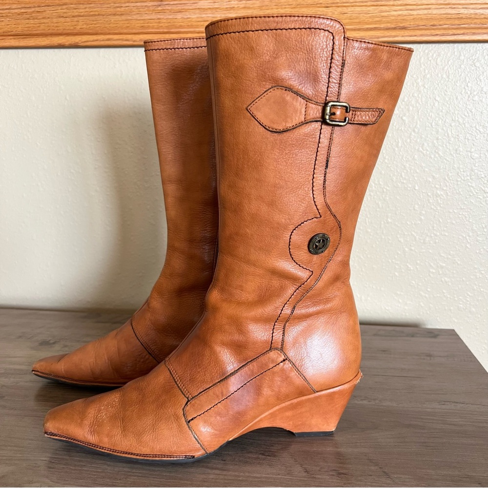 Hispanitas Wedge Heel Boots Women’s size EU 39 Leather Square Toe Caramel Brown